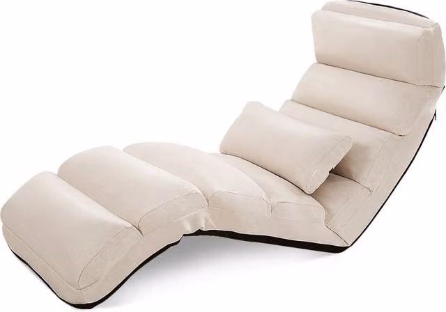Poltrona pieghevole da terra regolabile in 5 posizioni con rivestimento in microfibra beige e struttura in metallo – 1