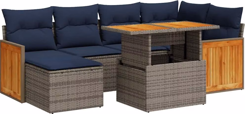 Set Divani da Giardino con Cuscini 7pz Nero Polyrattan Acacia
