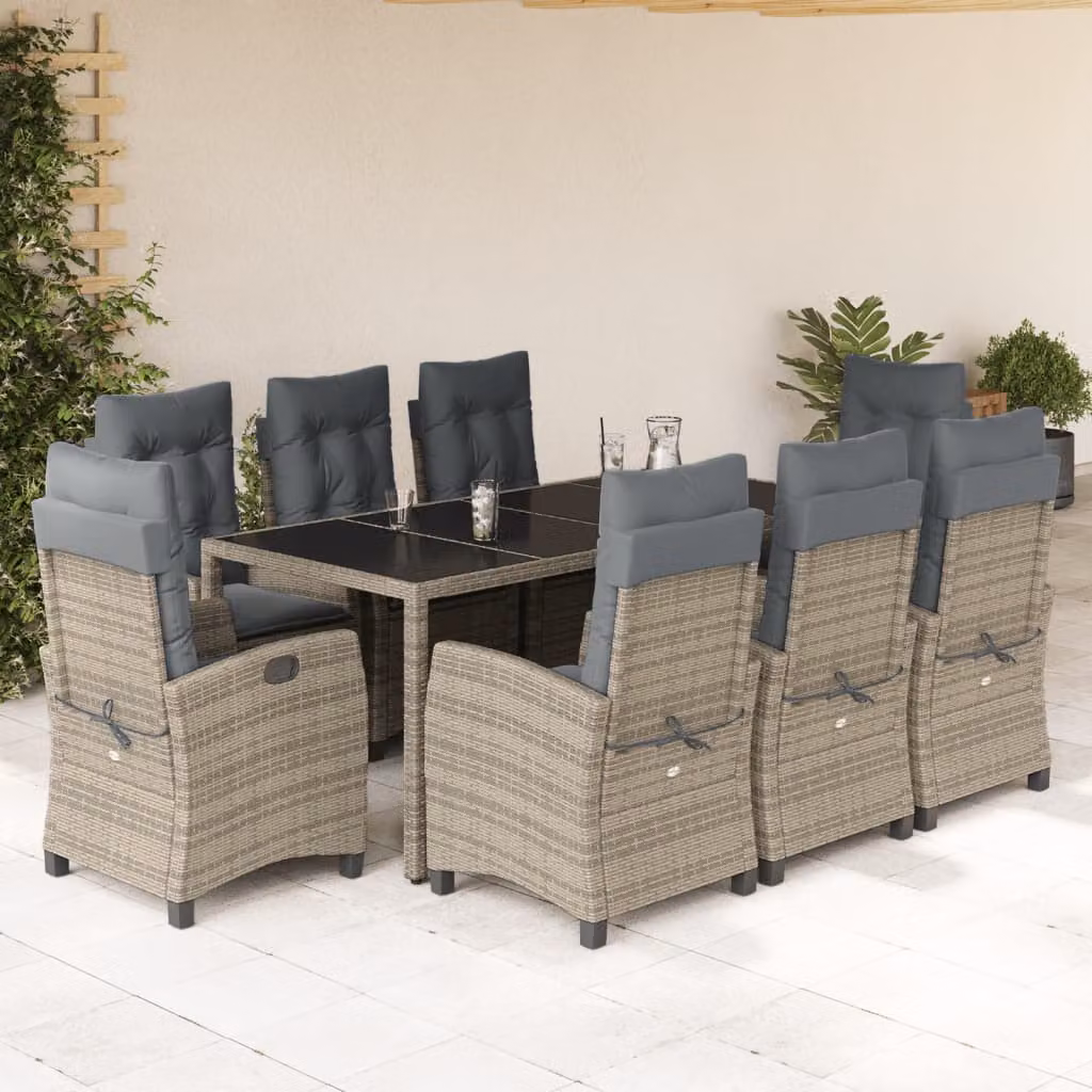 Set da pranzo da giardino vidaXL in polyrattan grigio con cuscini e piano in vetro, 9 pezzi