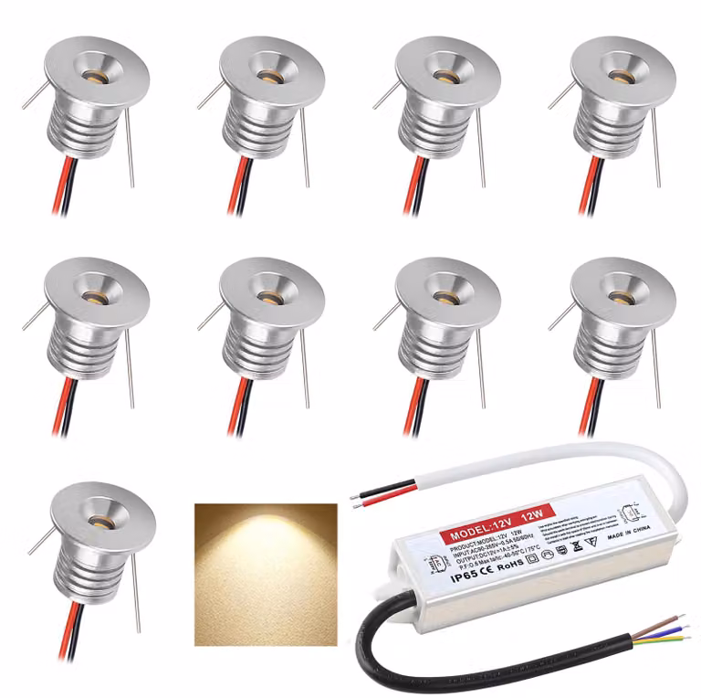 Set di 9 faretti LED da incasso, 12V, 1W, mini, IP65, diametro 16mm, colore argento, luce bianco caldo 3000K