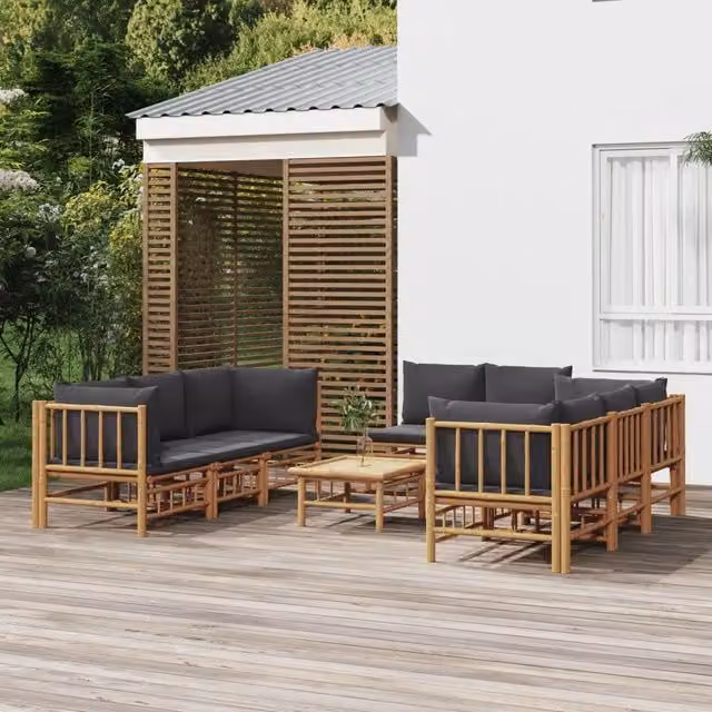Set Salotto da Giardino a L vidaXL in Bambu con Cuscini Grigio Scuro 9pz