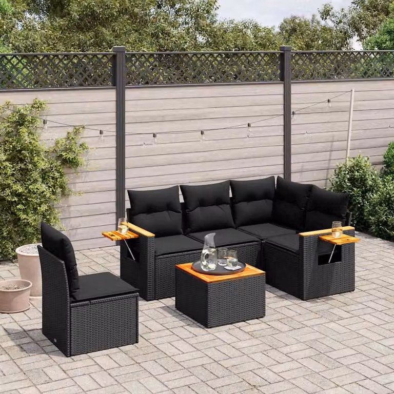 Set Divano da Giardino a L vidaXL 6 pz in Polyrattan Nero con Cuscini e Tavolino