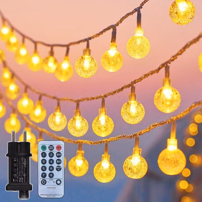 Catena luminosa con sfere di cristallo, 15 metri, 100 LED, grado di protezione IP44, con telecomando