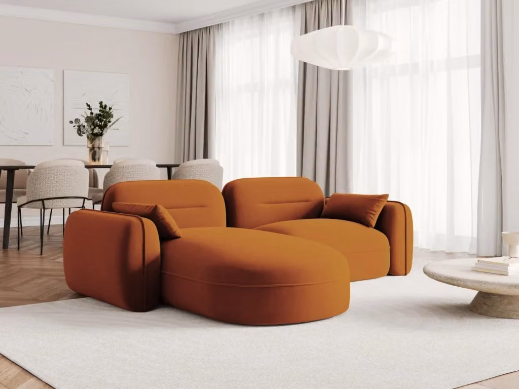 Divano angolare modulare sinistro Sydney di Cosmopolitan Design in velluto arancione, 3 posti, L: 230 cm, P: 70 cm, H: 80 cm – 2