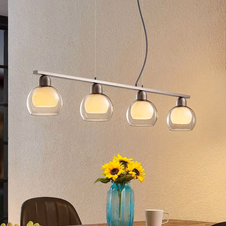 Lampada a sospensione in vetro Kaiya Lucande, dimmerabile, Alluminio / Grigio / Zincato, Soggiorno / Sala da pranzo, Metallo, Moderno, Lampada a sospensione