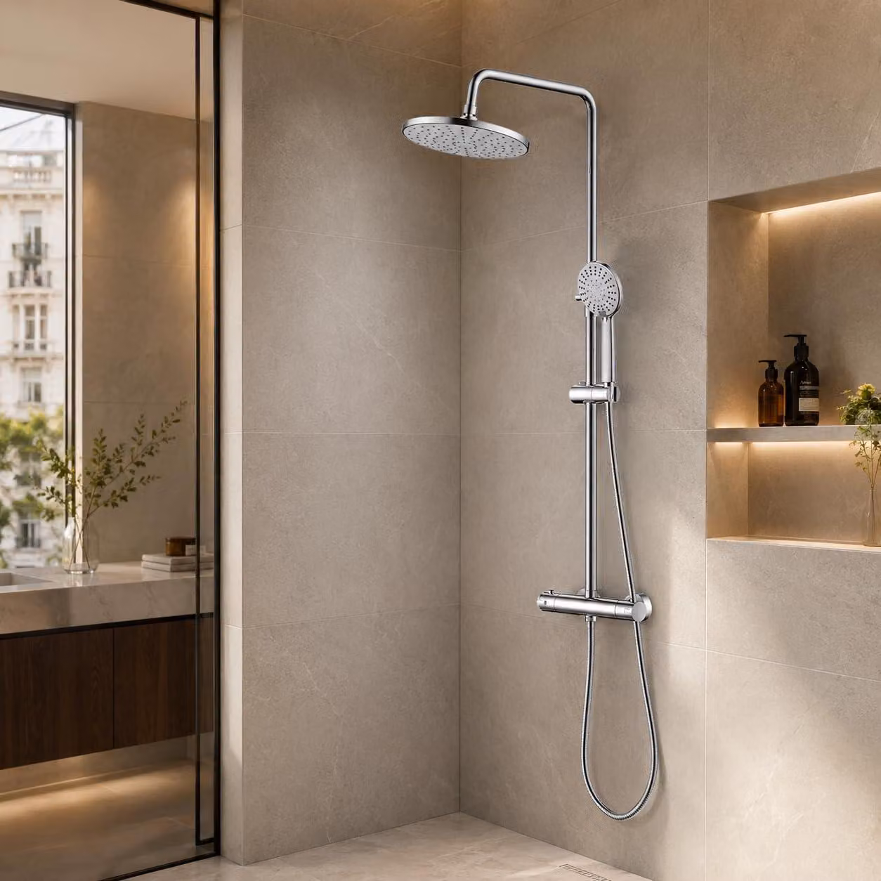 Colonna doccia termostatica, regolabile in altezza, cromata, set doccia