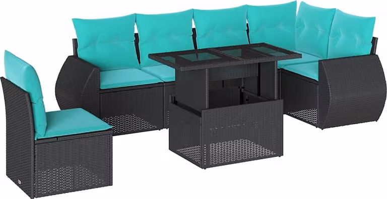 set di divani da giardino 7 pezzi con cuscini, polyrattan nero