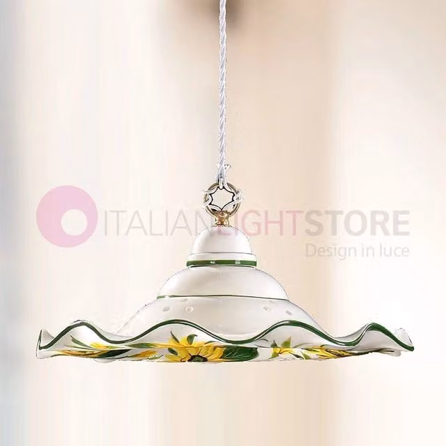 Lampada a sospensione GIRASOLE Ceramiche Borso in ceramica decorata multicolore con finiture oro e bianco, diametro: 41 cm