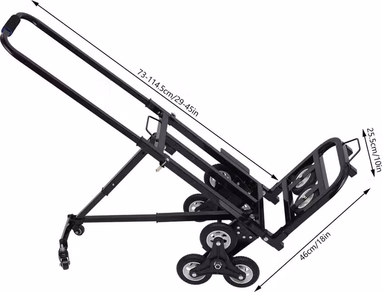 Carrello a mano per scale - Pieghevole - 10 ruote (8+2) - Fino a 150 kg - Manico regolabile in altezza 73–114,5 cm - Telaio in acciaio - Ruote in PU/gomma