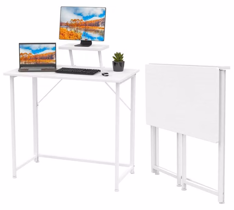 Scrivania pieghevole con supporto per monitor, dimensioni 80x45x75 cm, colore bianco