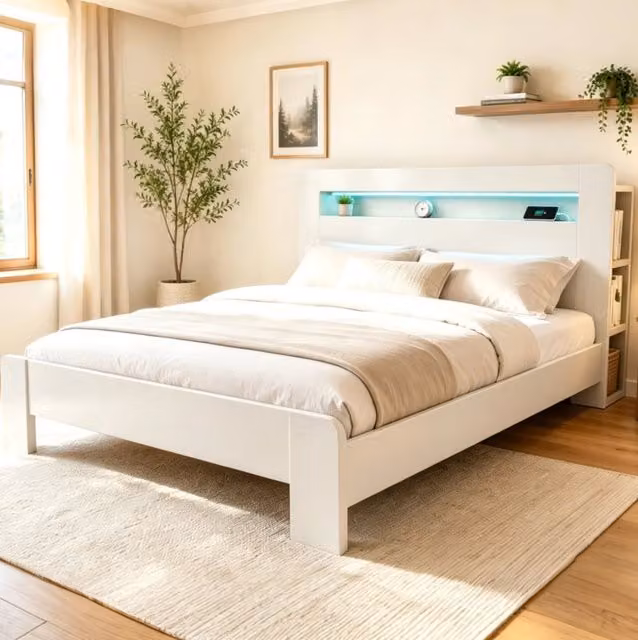 Letto matrimoniale 180x200 cm bianco in legno con testiera contenitore e LED