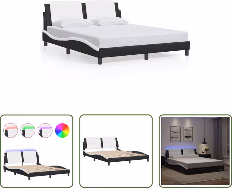 The Living Store Struttura letto con LED bianco e nero 160x200 cm in ecopelle