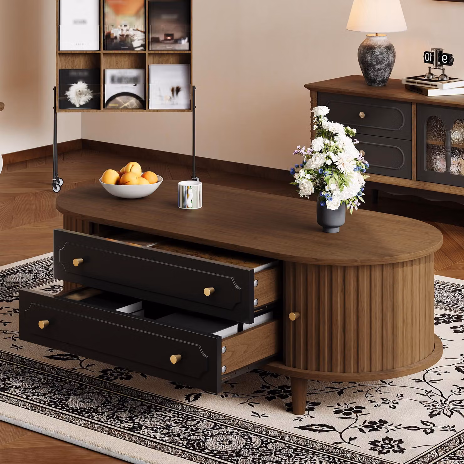 Tavolo da conferenza MODFU con due ante scorrevoli e due cassetti, comodino, mobiletto notturno con sei maniglie in metallo, noce