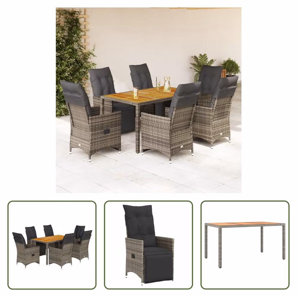 The Living Store Set bistrot da giardino 7 pezzi con cuscini in poly rattan grigio