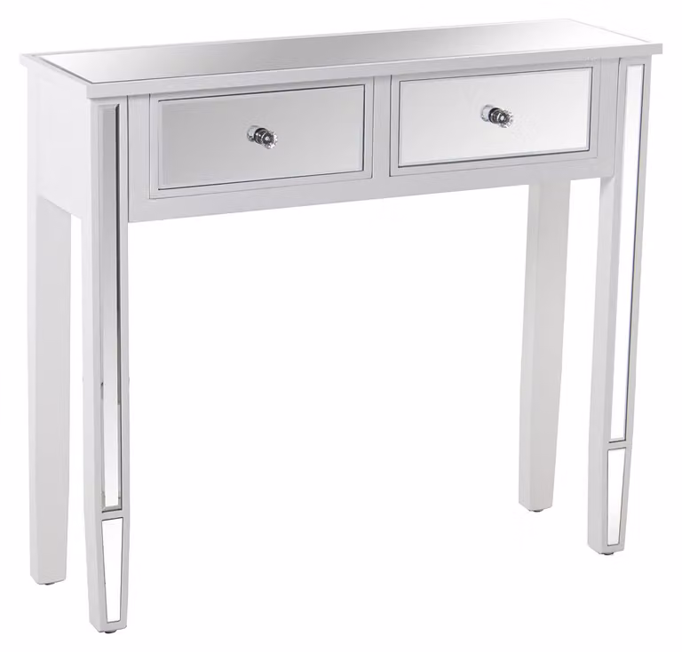Tavolino con 2 cassetti, struttura in legno e piano in specchio, dimensioni 90x25x80 cm, colore bianco