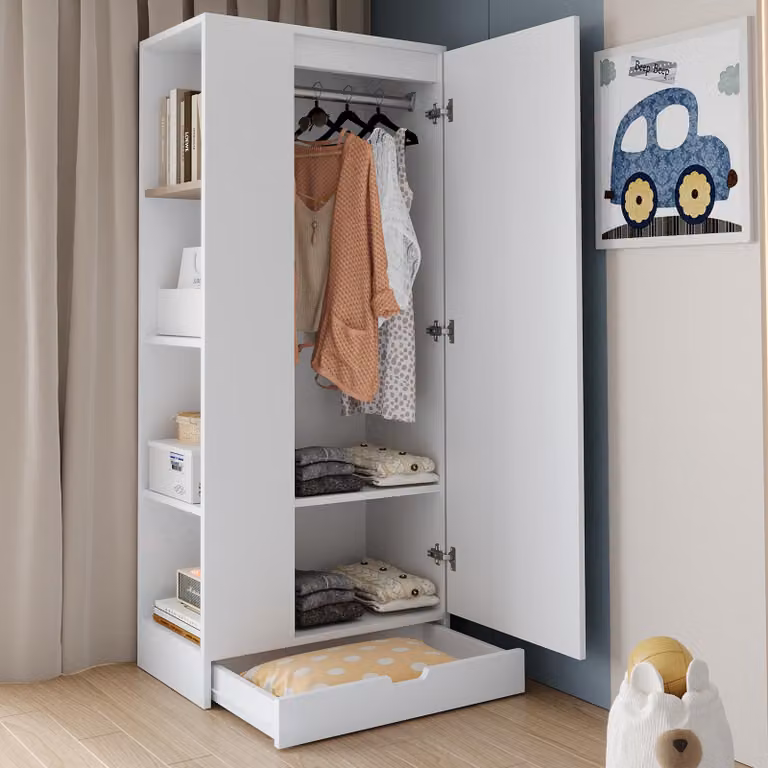 Armadio Merax, armadio a una porta con ripiani interni e cassetti, armadio guardaroba, mobile contenitore, armadio da camera da letto, bianco