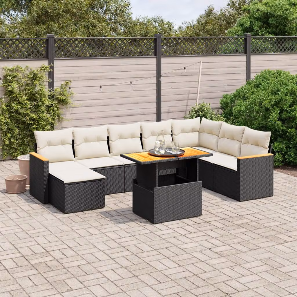 Set di divani da giardino vidaXL 9 pz in polyrattan nero con cuscini e tavolino da esterno a forma di L – 1