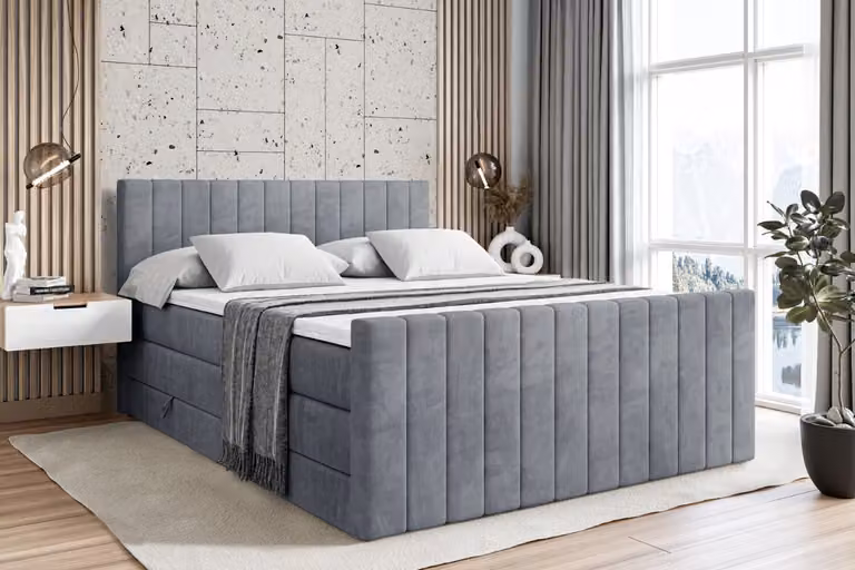 Letto boxspring ALTDECOR con pediera, 2 materassi e topper - 120x200 cm - EDITA-Z KING - Grigio velluto - Letto imbottito con materassi H3 e H4, contenitore e rete a doghe, letto con spazio contenitivo