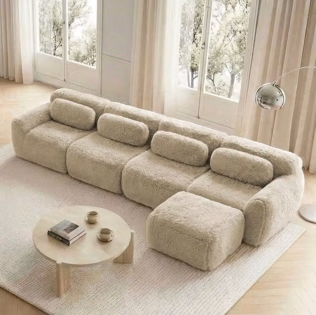 Divano angolare modulare 378x179x73 cm in tessuto tortora chiaro, senza montaggio –