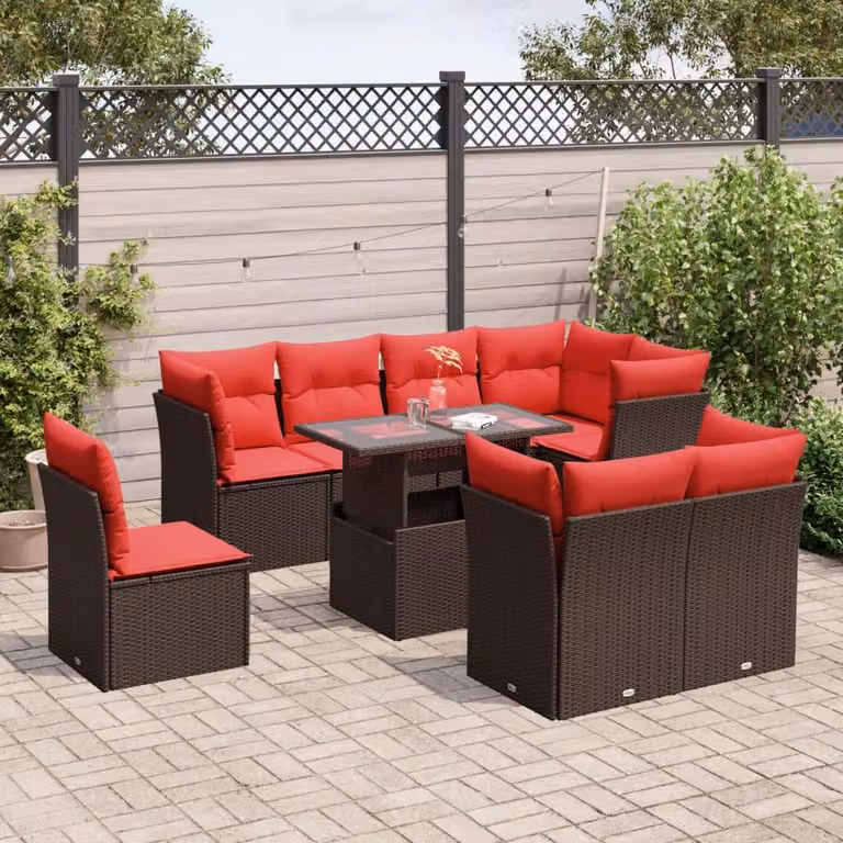 Maison Exclusive - Set divano da giardino 9 pezzi con cuscini, marrone, polyrattan