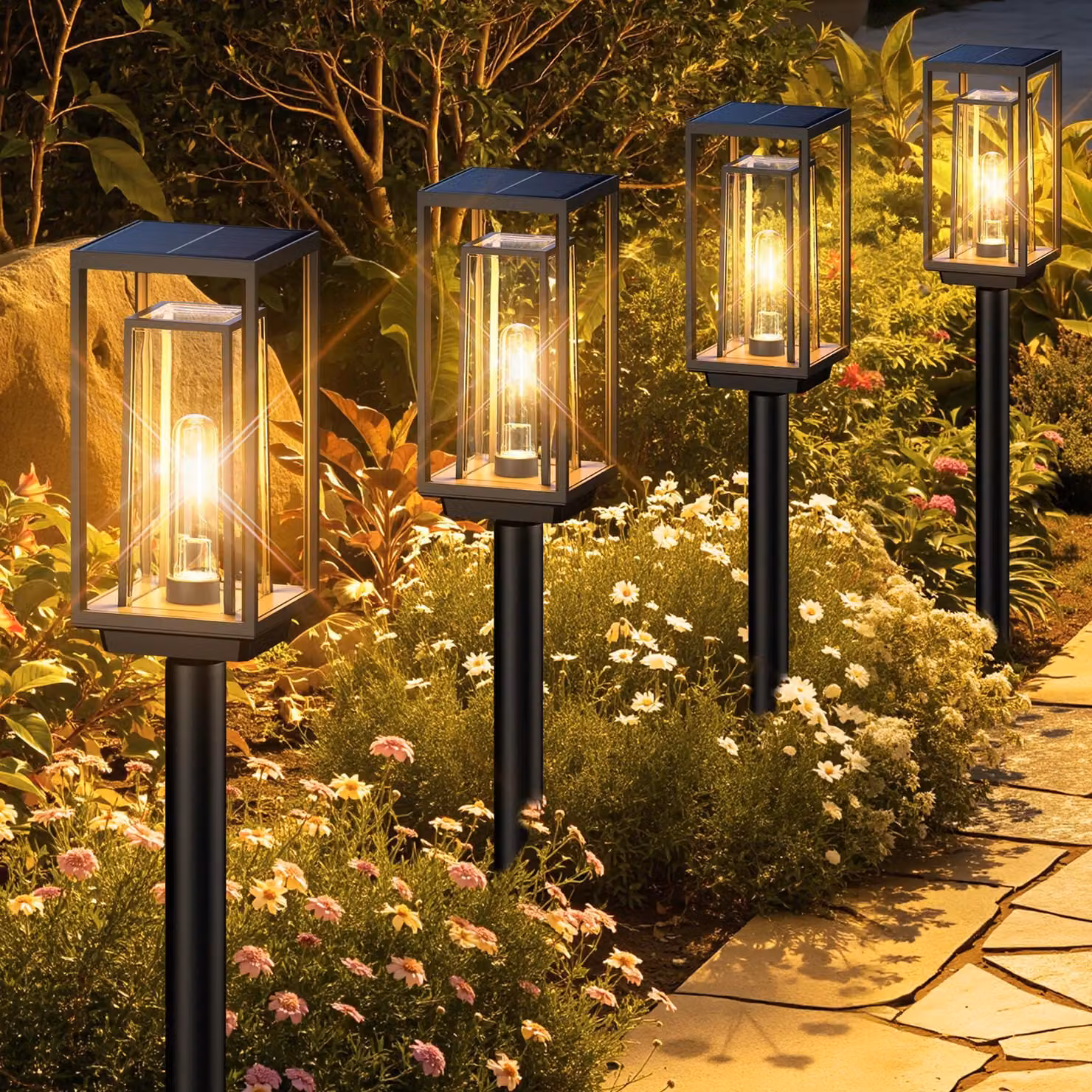 Set di 4 lampade a energia solare a forma di tulipano, 18 lumen, luce bianco caldo, grado di protezione IP65, altezza regolabile, 72 cm