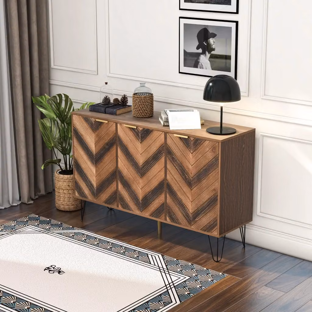 Credenza moderna OKWISH con 3 ante e ripiani per soggiorno e sala da pranzo, finitura marrone, nera e oro, L 120 cm x P 38 cm x H 76,5 cm – 2