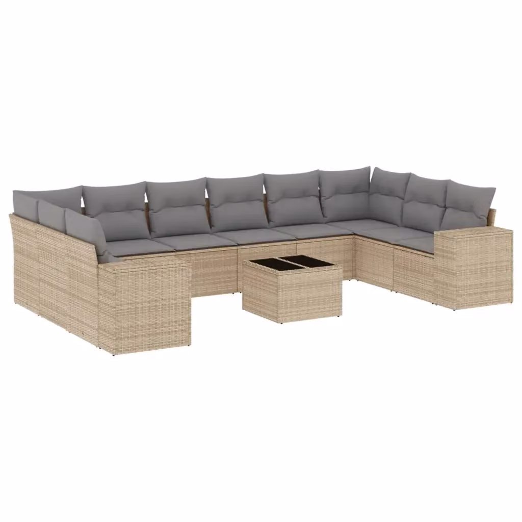 vidaXL Set Divani da Giardino 11 pz a Forma a U con Cuscini Beige e Tavolino in Polyrattan e Acciaio – 2