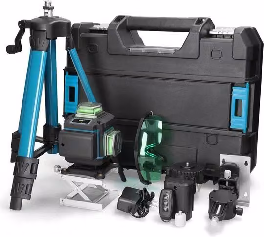 Laser livello a acqua J-Mart con 16 linee e rotazione a 360°, livellatore automatico verde e multicolore con 2 batterie ricaricabili, supporto regolabile e kit di fissaggio a parete