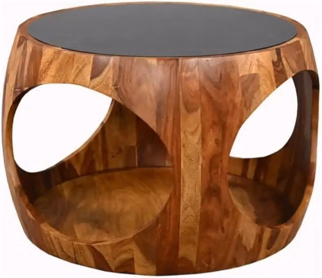 Tavolino basso rotondo NERA 60 cm in legno massello di Sheesham e vetro fumé con nicchia aperta