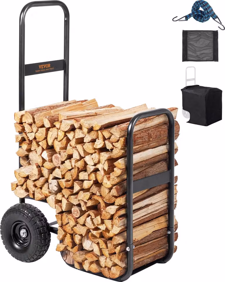 Carrello per legna da ardere 67x52x110cm Carrello per legna da ardere in acciaio verniciato a polvere Carrello per legna da ardere con ruote in gomma da 266,7 mm Carrello per legna Max. 113,4kg Carrello per il trasporto con cavo bungee incluso Rete per pa
