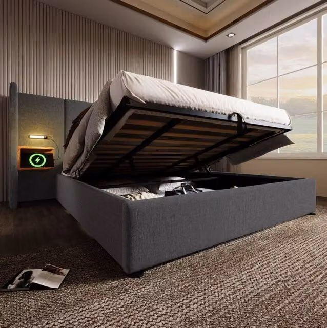 Letto 180x200 cm con contenitore idraulico, luci da lettura e ricarica USB/USB-C in lino grigio