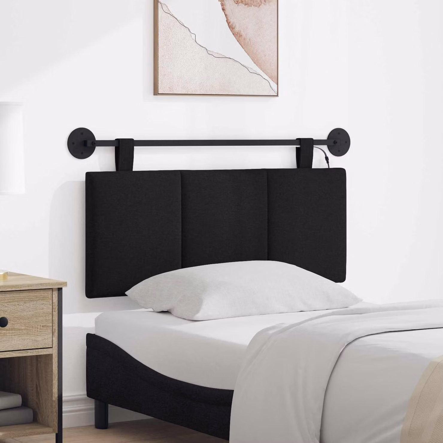 Testiera sospesa vidaXL in tessuto nero con luce LED integrata e luce da lettura