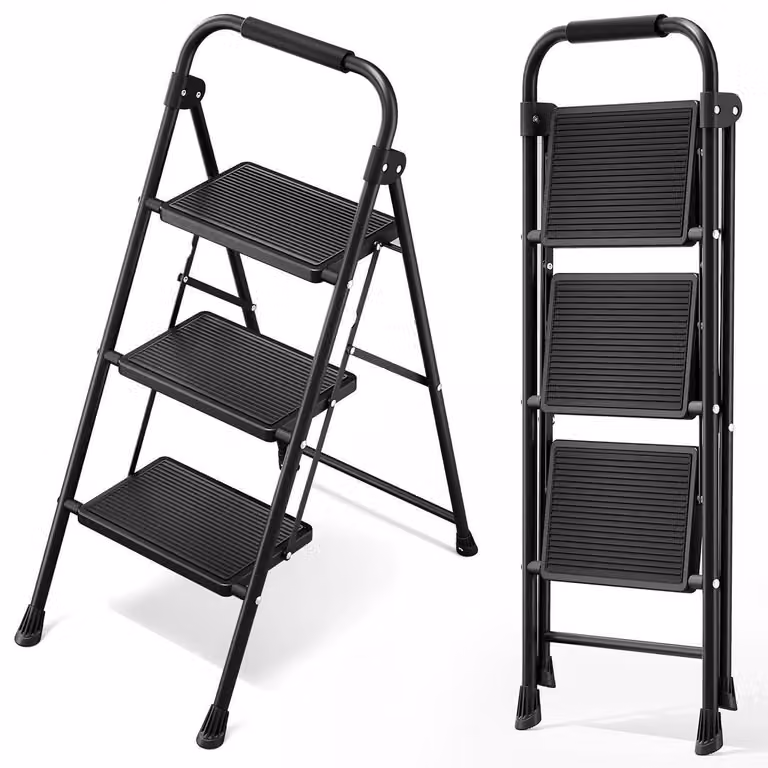 Scala a tre gradini con corrimano e pedale largo, pieghevole, colore nero, capacità di carico: 150 kg