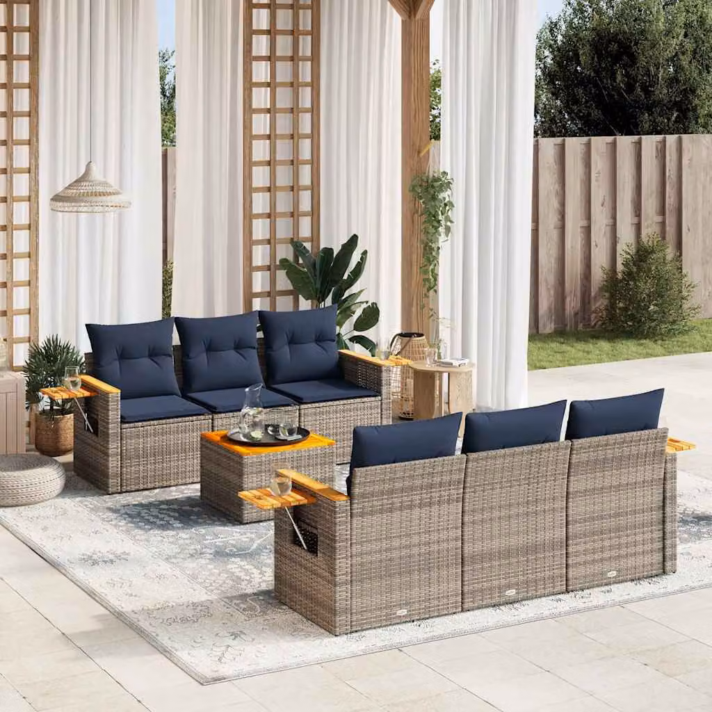 Set di divani da giardino vidaXL in 7 pezzi in polyrattan grigio con cuscini imbottiti e tavolino da caffè – 1