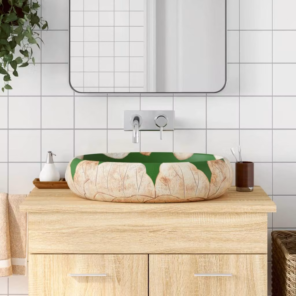 Lavabo da appoggio ovale in ceramica vidaXL, multicolore verde e marrone, L 59 cm x P 40 cm x H 15 cm