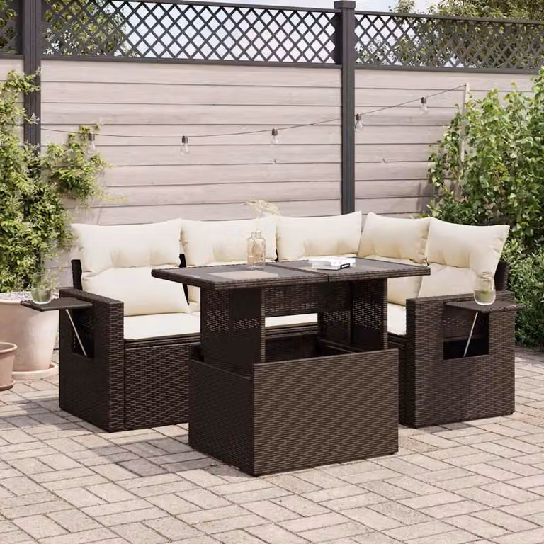 Set Divano da Giardino vidaXL 5 Pezzi a Forma di L con Cuscini Marrone e Bianco in Polyrattan e Struttura in Metallo