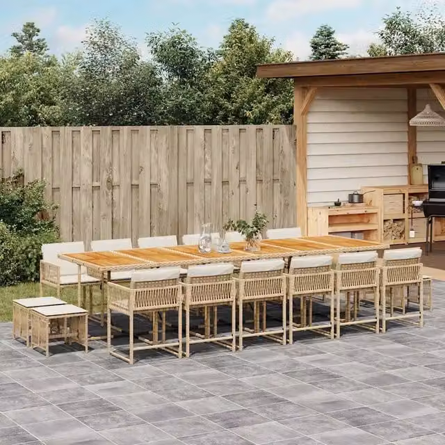 Set da pranzo da giardino vidaXL in polyrattan e legno di acacia con 17 pezzi e cuscini beige
