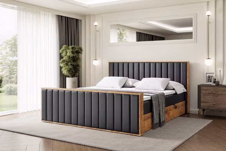 Letto boxspring ALTDECOR con materasso e rete a doghe, topper, pediera, letto imbottito con contenitore, letto con vano portaoggetti, materasso H3, letto matrimoniale, letto a cassettoni - LOLLI4-Z - 180x200 - Ecopelle nera