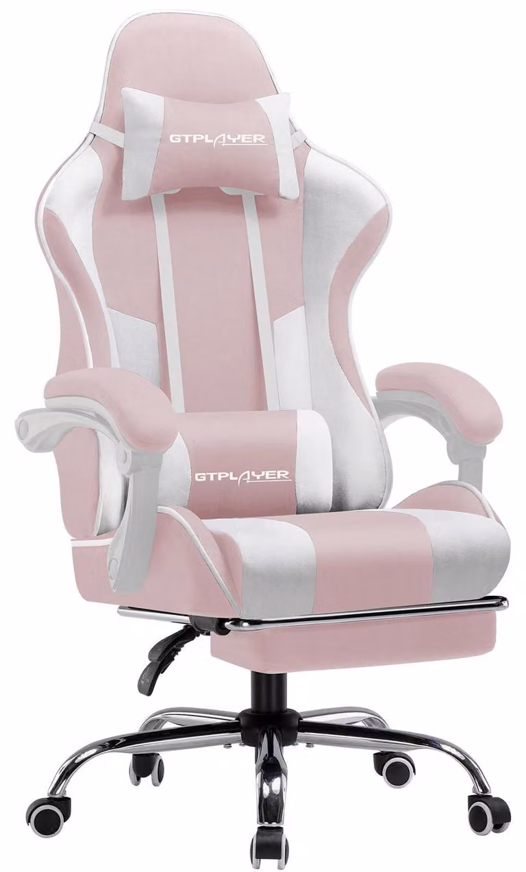 Sedia da gaming e da ufficio - Sedia girevole in tessuto - Ergonomica - Poggiapiedi - Regolabile in altezza - Braccioli e rotelle - Fino a 150 kg - Rosa