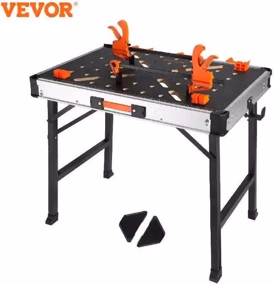 Tavolo da lavoro pieghevole Vevor in legno MDF e acciaio nero con 7 livelli di altezza regolabile e capacità di carico 454 kg