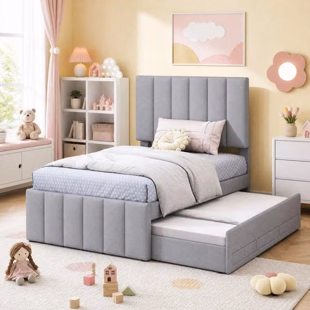 Letto grigio 90x200 cm con letto estraibile, 3 cassetti, MDF, senza materasso