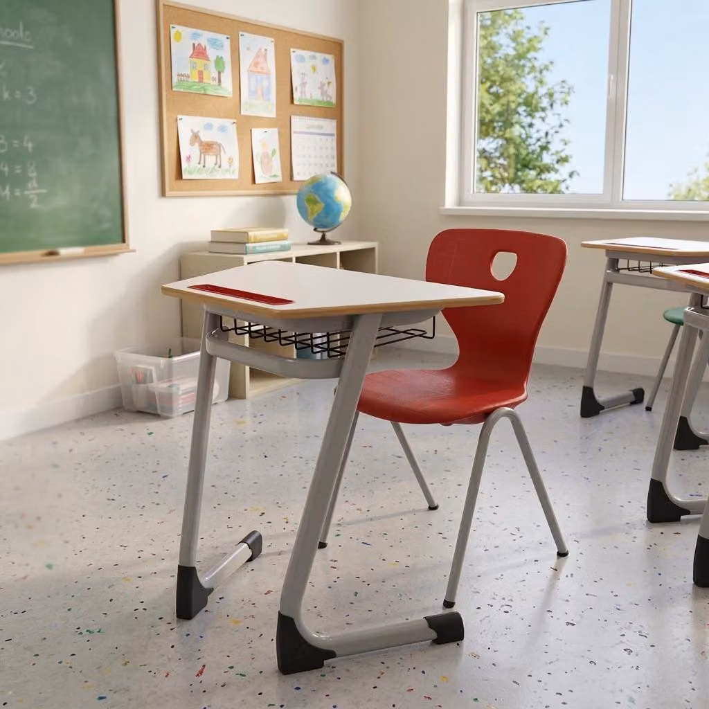 Set scolastico moderno ed ergonomico, grigio: banco rosso e sedia, tavolo singolo