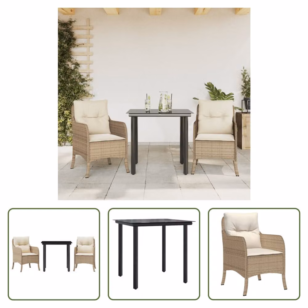 The Living Store Set da pranzo da giardino 3 pezzi con cuscini Beige poly rattan