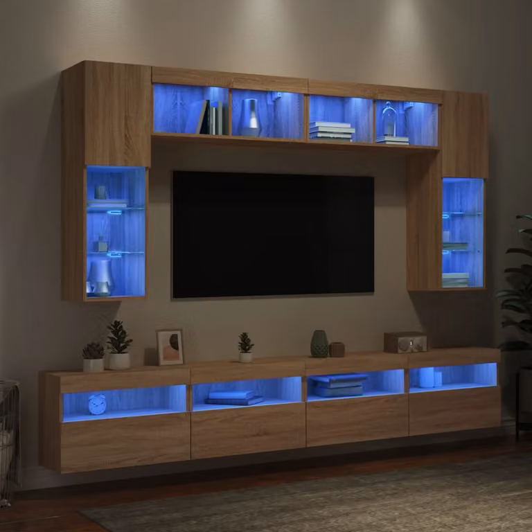 Set di mobili TV da parete vidaXL composto da 8 pezzi con luci LED integrate in colore rovere sonoma