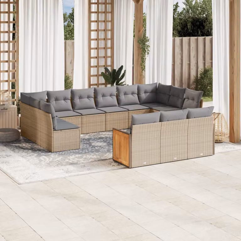 vidaXL Set Divano da Giardino a Forma di U in Polyrattan e Legno di Acacia con Cuscini Beige e Grigio