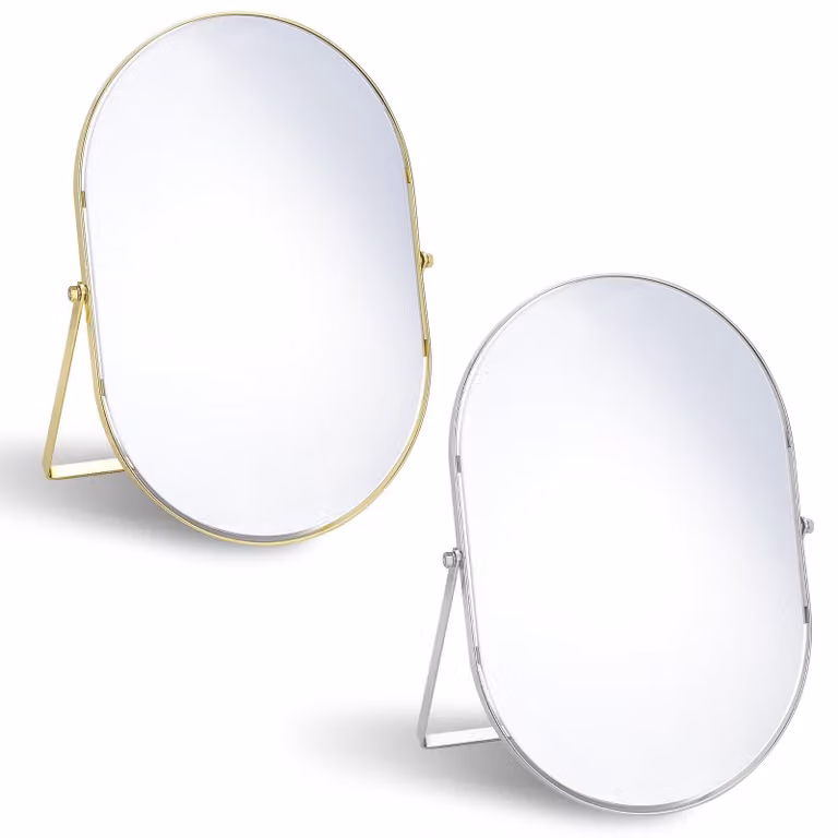 Set di 2 specchi ovali da trucco con supporto - Modello da tavolo, finitura oro/argento