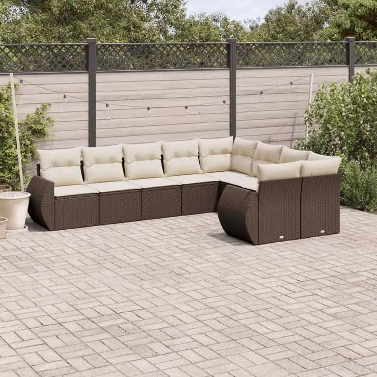 Set di Divani da Giardino vidaXL 9 Pezzi con Cuscini Marrone e Bianco in Polyrattan e Metallo