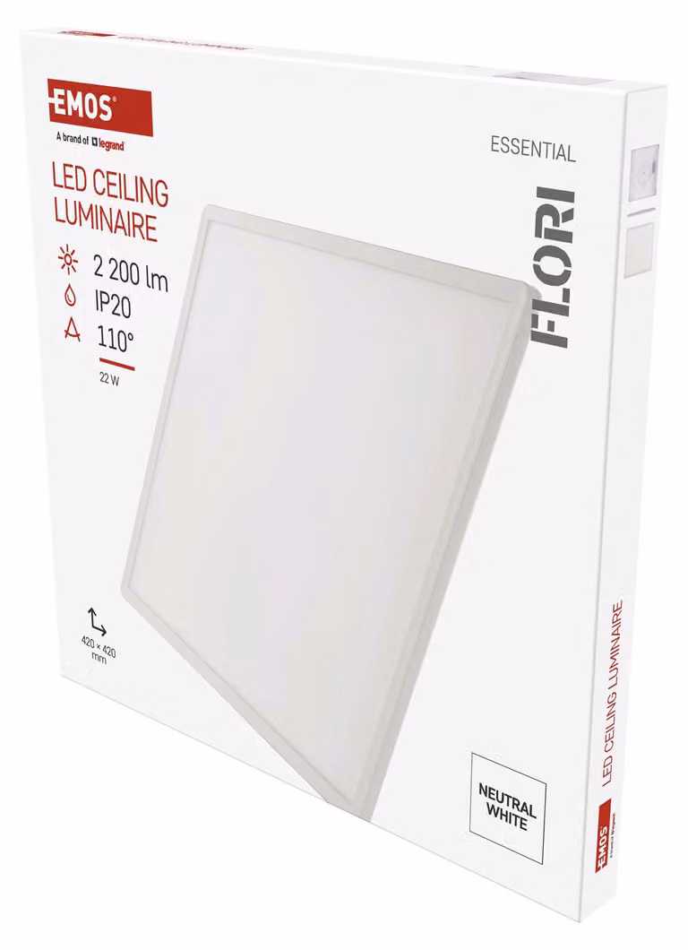 EMOS Lampada LED da parete/soffitto FLORI, quadrata, bianco neutro 4000 K, 2200 lm, 22 W (anziché lampadina da 150 W), per interni, 42x42 cm, bianco