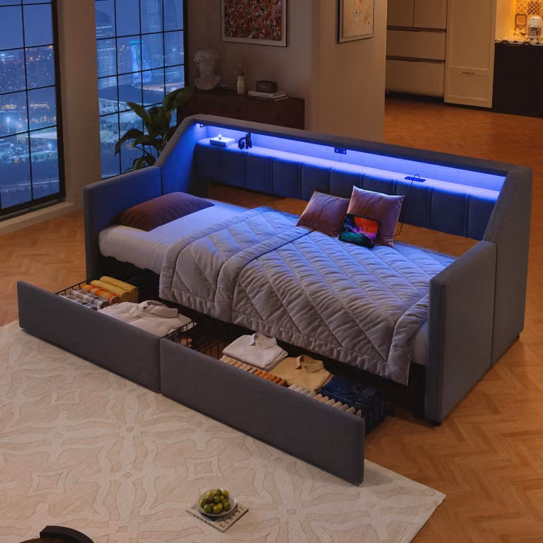 okwish Divano letto con letto estraibile 90×200, letto da giorno con 2 cassetti e 2 tasche portaoggetti, letto da giorno con illuminazione LED e USB + Type-C, senza materasso, grigio