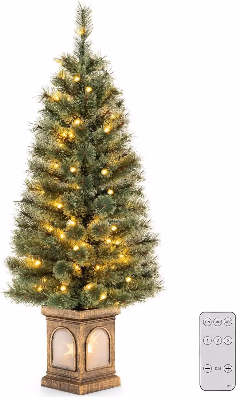 COSTWAY 120 cm albero di Natale artificiale con luci, abete in vaso, con luci LED bianco caldo e timer e 116 punte di rami in PVC, albero in vaso per ingresso casa ufficio, verde